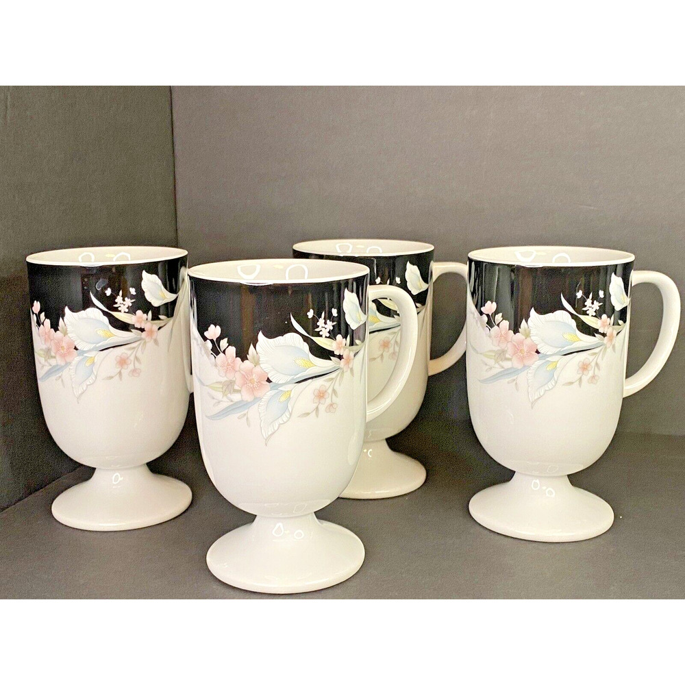 Black Rhapsody Fine China Set of Four Pedestal Cups Mugs Coffee Tea JAPAN VTG